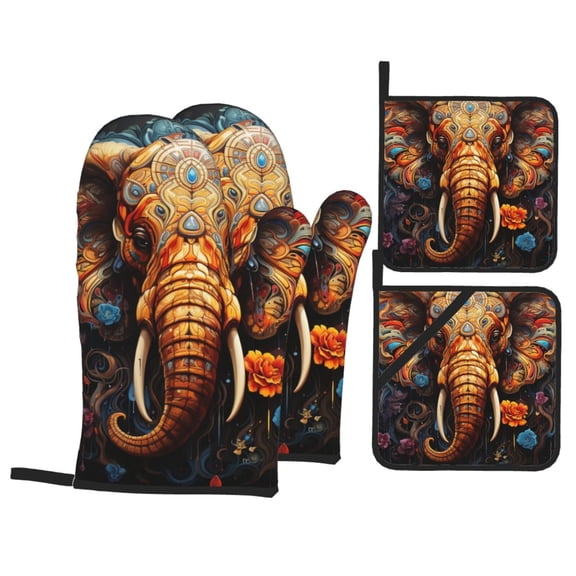 Elephant Indian Psychedelic 4Pcs Oven Mitts and Pot Holders Sets Oven Kitchen Gloves Hot Pads for Cooking BBQ Baking Grilling