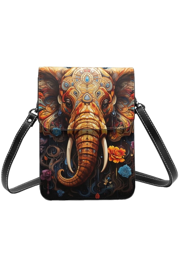 Elephant Indian Psychedelic Cell Phone Purse Small Crossbody Bag with Strap Credit Card Slots Leather Shoulder Wallet for Women