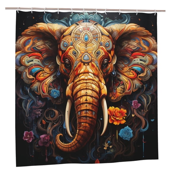 Elephant Indian Psychedelic Shower Curtain with 12 Plastic Hooks Washable Polyester Fabric Bathroom 72x72 Inch