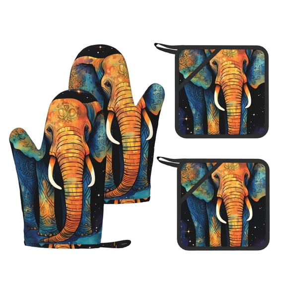 Elephant Indian Psychedelic Starry 4-Piece Silicone Oven Gloves and Pot Holders Set Hot Pads for Kitchen Cooking BBQ Baking Chefs Cooks