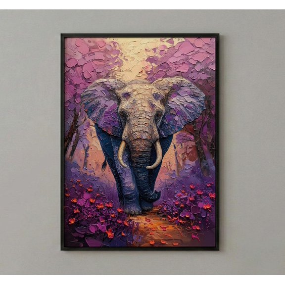 Elephant Jacaranda Tree Purple Floral African Textured Impasto, Unframed Poster