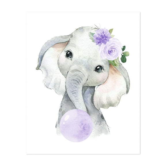 Elephant, Jungle Animals, Safari Animals, Bubble Gum, Purple Flowers, Gender Neutral Nursery - Illustration Watercolor Animal Whimsical Floral Unframed Wall Art Print 36 x 48 inches