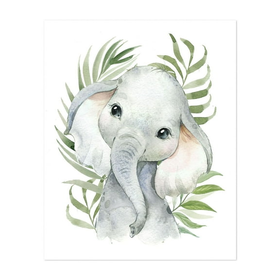 Elephant, Jungle Animals, Safari Animals, Palm Leaves, Gender Neutral Nursery - Illustration Animal Watercolor Jungle Whimsical Tropical Unframed Wall Art Print 36 x 48 inches