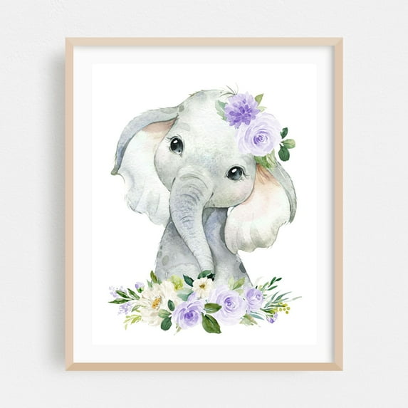 Elephant, Jungle Animals, Safari Animals, Purple Flowers, Gender Neutral Nursery - Illustration Watercolor Animal Floral Oak Framed Wall Art Print 6 x 8 inches
