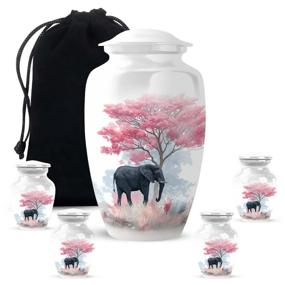 Elephant Keepsake Urns For Ashes Adult Man Set Of 4 - White Mini Urns For Human Ashes Adult Female - 1 Large Cremation Urn For Husband And Wife - Cherry Blossoms Urn For Mother (10&3) Inch