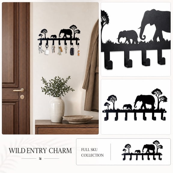 Elephant Key Holder, Double Elephant Iron Wall Hooks for Coats and Towels, Decorative Hanger, Sturdy Mount 2-Hook