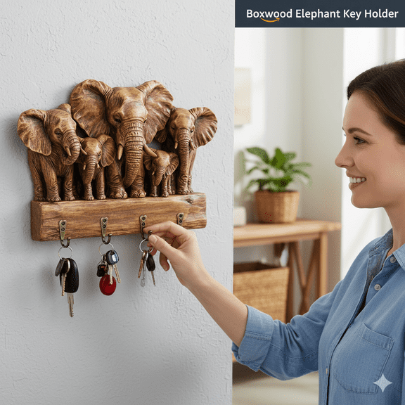 YaoZQ Elephant Key Holder for Wall, Wooden Key Rack Organizer with 4 Hooks, Cute Animal Wall Decor for Entryway Hallway, Brown, 11.8" x 9"