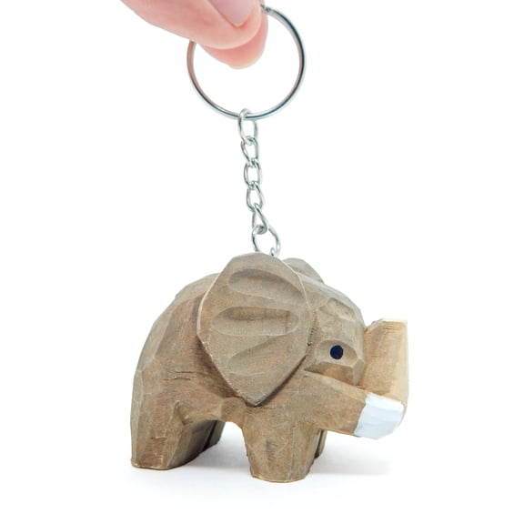 Elephant Keychain Ring Clip Charm Miniature Wood Gray Mini Figurine Small Animal