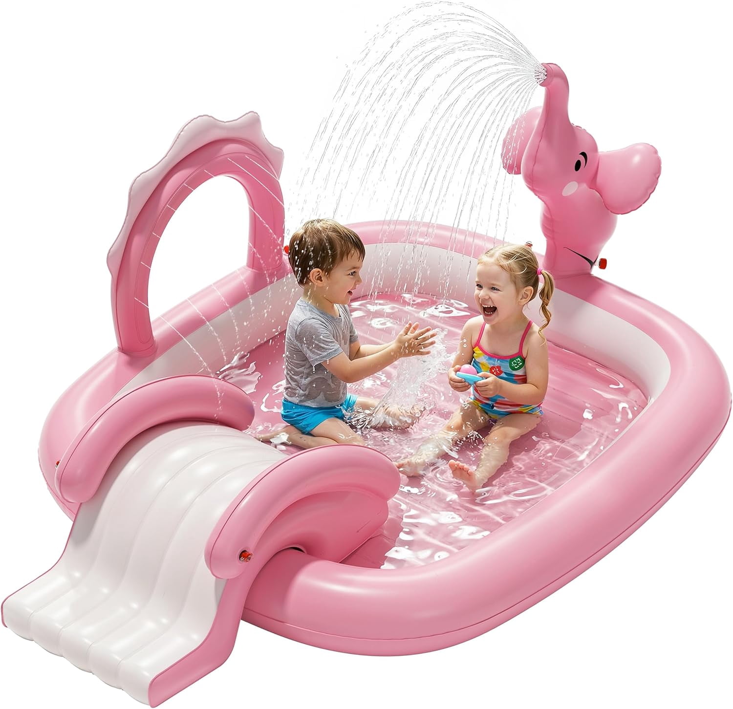 Elephant Kids Pool with Slide and Sprinkler, Inflatable Play Center with 4 Rings, 72 × 64 × 37 in, Fast Inflation Kiddie Pool for Garden & Backyard, Birthday Gift for Ages 1+ (Pink)