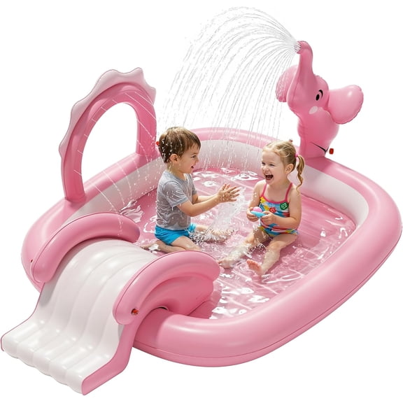 Elephant Kids Pool with Slide and Sprinkler, Inflatable Play Center with 4 Rings, 72 64 37 in, Fast Inflation Kiddie Pool for Garden & Backyard, Birthday Gift for Ages 1+ (Pink)