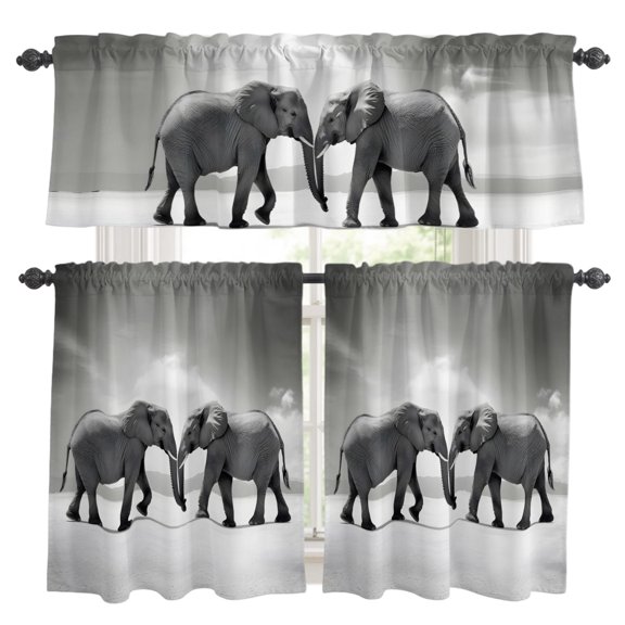 Elephant Kitchen Curtains Set for Windows, Gray Gradient Cloud Sky Animal Curtains Valance and Tier 3 Piece Set Small Drapes 36 Inch Length for Kitchen Bedroom Decor