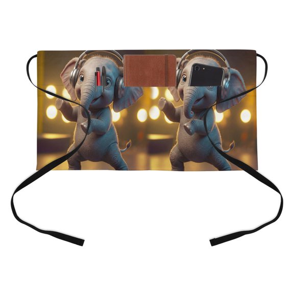Elephant Kitchen Restaurant Half Waist Apron, Abstract Headphone Elephant Shiny Light Background Server Short Apron with 3 Pockets Waterproof Oil Waist Aprons for Women Waitress Waiter