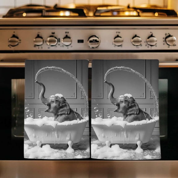 Elephant Kitchen Towels Set of 2, Funny Animal Bathtub Abstract Art Grey Absorbent Dish Towels for Kitchen, Microfiber Hand Towel, Quick Drying Tea Towel for Cleaning Decorative Dishcloths