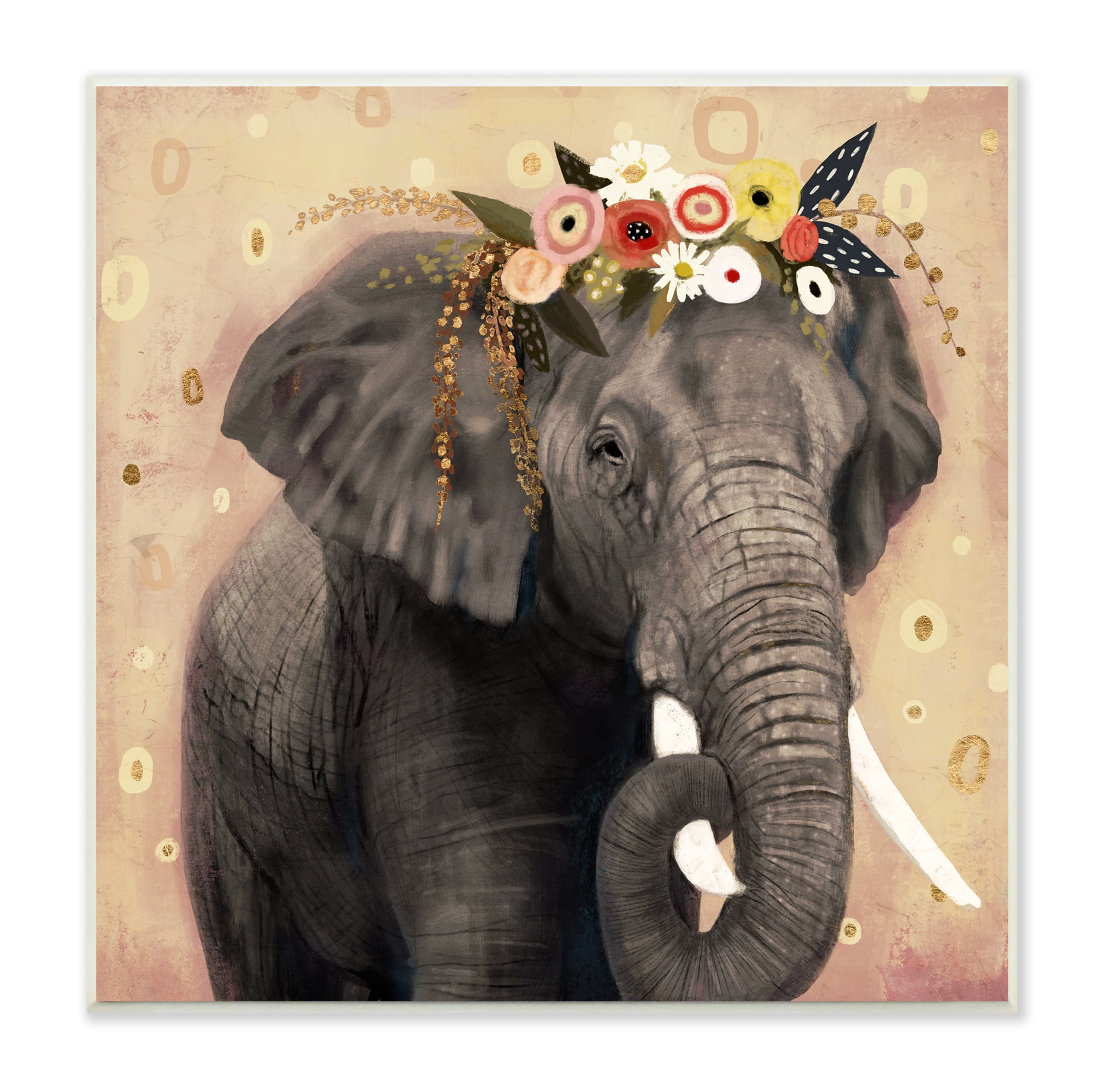 Elephant Large Tusks Floral Crown Abstract Shape Pattern 12 in x 12 in Framed Painting Art Print, by Stupell Home Décor
