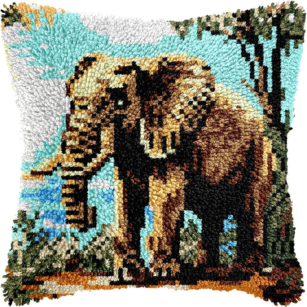 Elephant Latch Hook Kits Pillow DIY Pillowcase Crochet Hook Cushion Making Kits with Preprinted Pattern Canvas Instruction Yarns Pillow Cover Easy Starter DIY Crochet Kits 43x43cm（L65)
