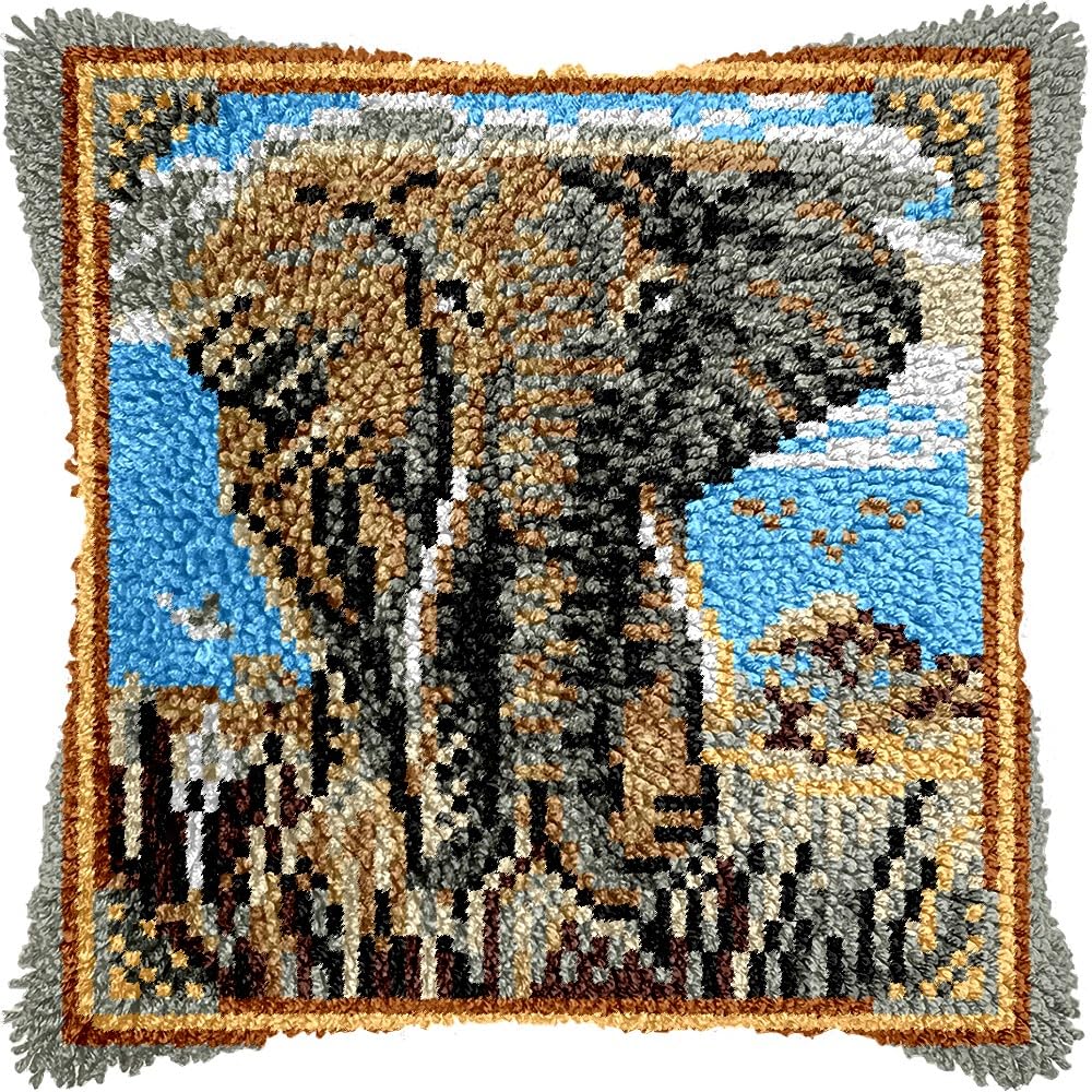 Elephant Latch Hook Kits Pillow kits Cushion Throw Pillow Embroidery Craft Kits DIY Kits of DIY Hooking Pillowcase Cover Supplier with Color Printed Canvas 43x43cm (73)