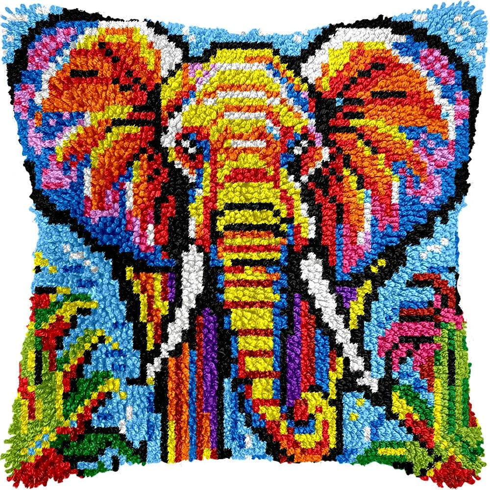 Elephant Latch Hook Pillow Kits for DIY Handmade Throw Pillow Cushion Embroidery Latch Hooking Pillowcase Kits with Preprinted Canvas Crochet Yarn Kits 17''X 17''(g140)