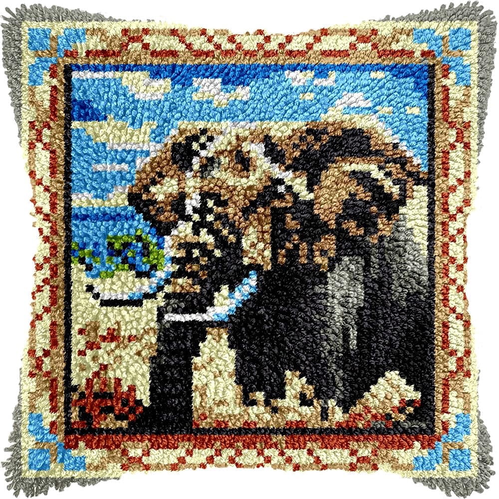 Elephant Latch Hook Pillow Kits Pillow Cover Latch Hook Crafts Crochet Knitted Hooking Pillowcase Cushion Crafts Embroidery Latch Hooking Kits Material Set 17x17 inch(19)