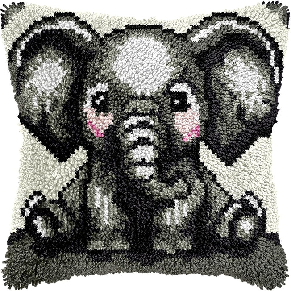 Elephant Latch Hook Pillow Kits Pillow Cover Latch Hook Crafts Crochet Knitted Hooking Pillowcase Cushion Crafts Embroidery Latch Hooking Kits Material Set 17x17 inch(57)