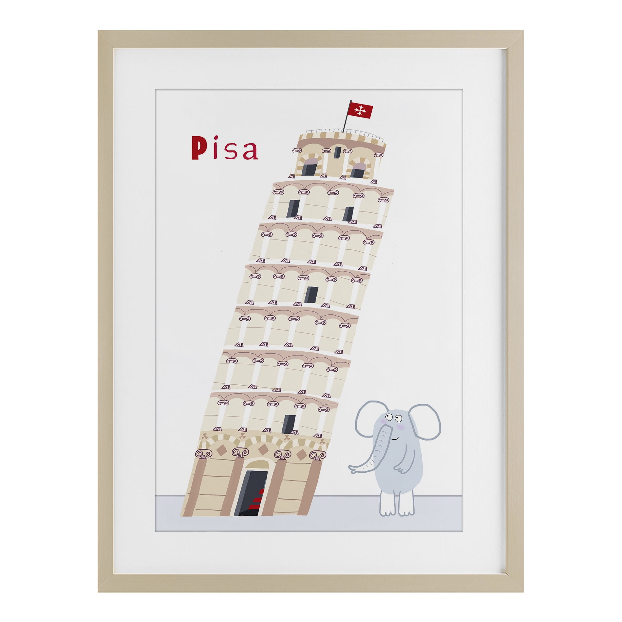Elephant & Leaning Tower Pisa Birch Framed Print Under Glass, design by Carla Daly