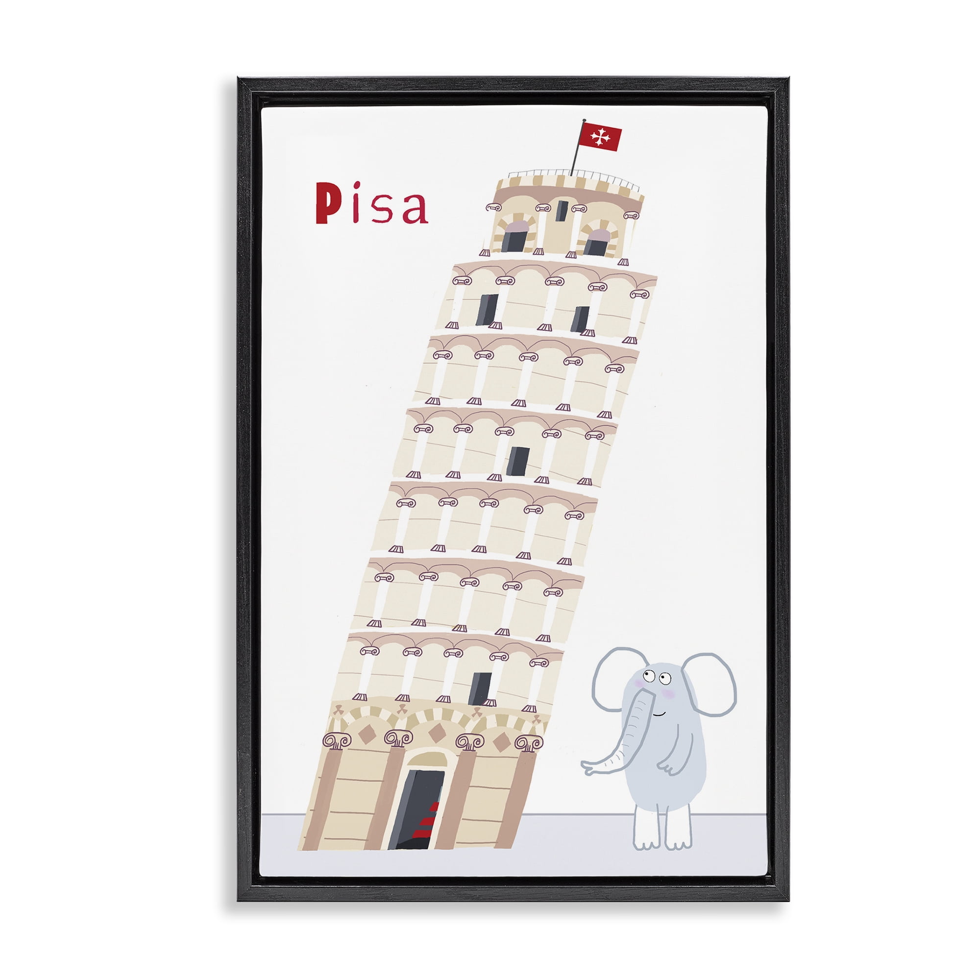 Elephant & Leaning Tower Pisa Black Framed Floater Canvas Wall Art, design by Carla Daly