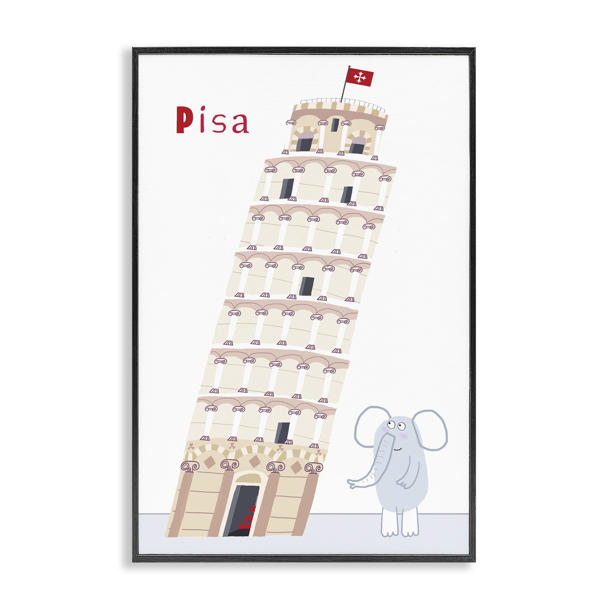Elephant & Leaning Tower Pisa Black Framed Giclee Art, design by Carla Daly