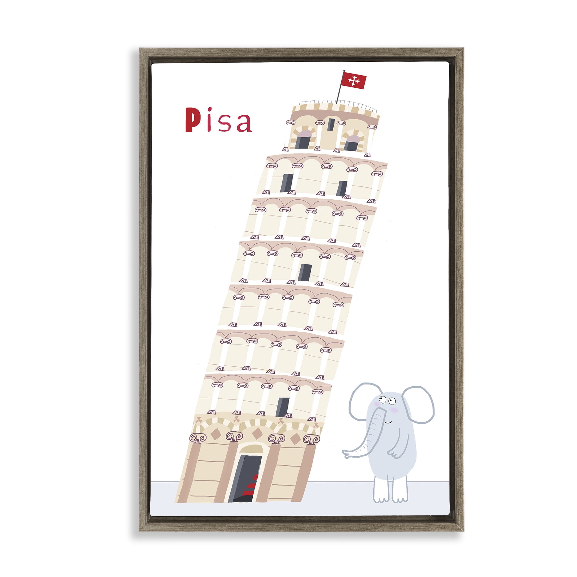 Elephant & Leaning Tower Pisa Brown Framed Floater Canvas Wall Art, design by Carla Daly