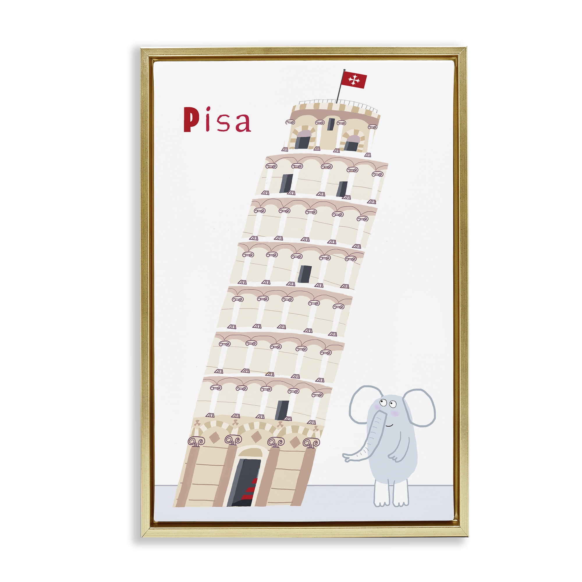 Elephant & Leaning Tower Pisa Gold Framed Floater Canvas Wall Art, design by Carla Daly