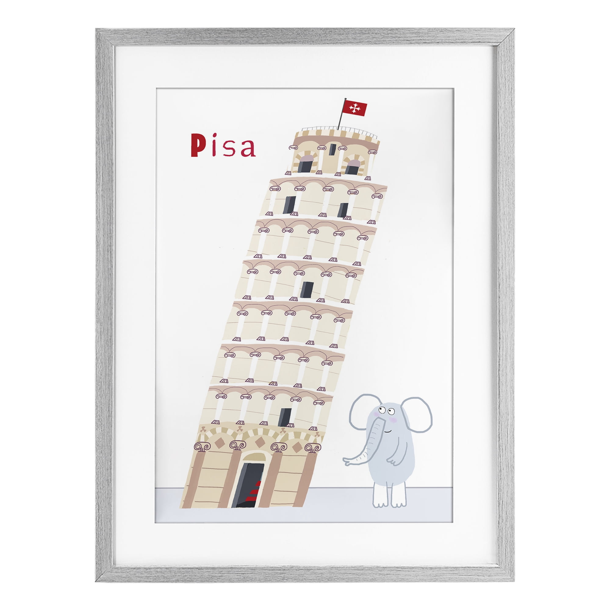 Elephant & Leaning Tower Pisa Gray Framed Print Under Glass, design by Carla Daly
