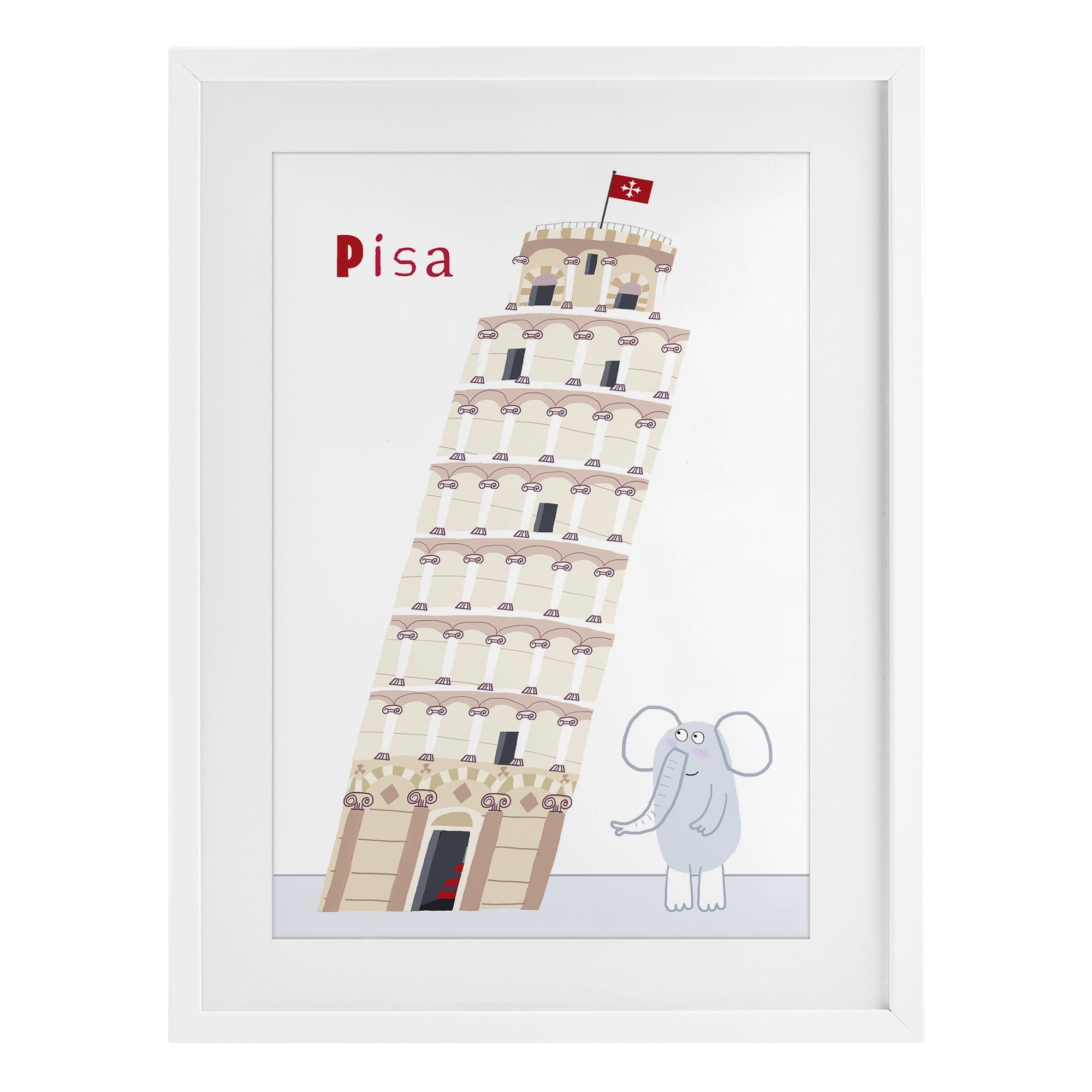 Elephant & Leaning Tower Pisa White Framed Print Under Glass, design by Carla Daly