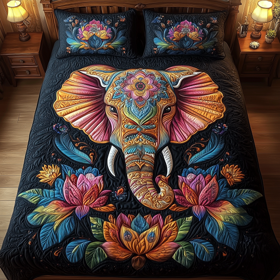 Elephant Lotus Serenity Quilted Bedding Set , 3-Piece Bedding Set