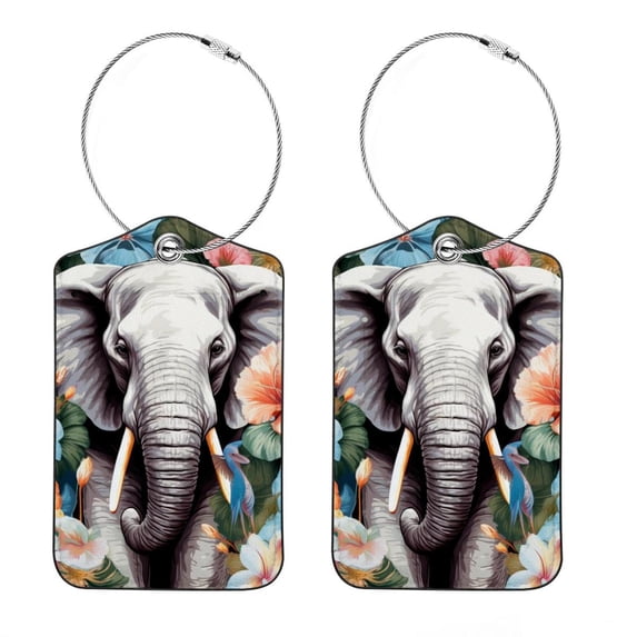 Elephant Luggage Tag, Travel Tags, Handbag Tag - Square PU Leather 2 Pack with Privacy Cover and Stainless Steel Ring - Suitable for Travel, Backpack, Handbag [Amazon Approved]