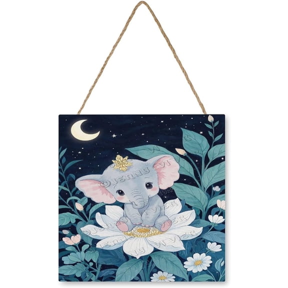 Elephant MDF Hanging Wood Plaques for Crafts with Jute Rope,12x12 Inch Wooden Sign for Bedroom Living Room Kitchen Home Decor