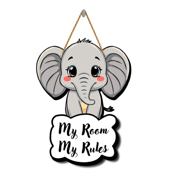 Elephant MDF Wall Hanging for Room Cute Cartoon Animal Decor with 'My Room My Rules' Quote