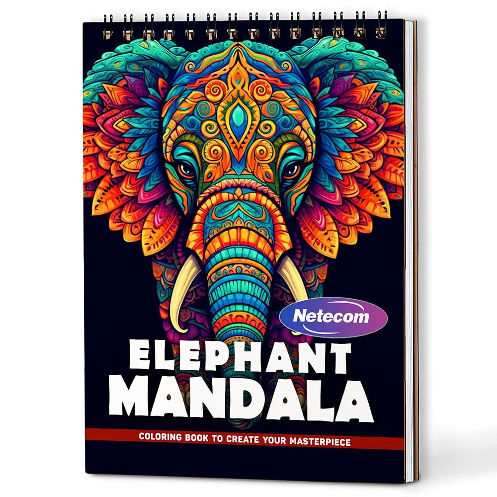Elephant Mandala Coloring Book Spiral Bound For Adults, A5 Wooden Cover, 30 Detailed Coloring Pages in Symbolic Elephant Mandala Designs for Stress Relief and Relaxation