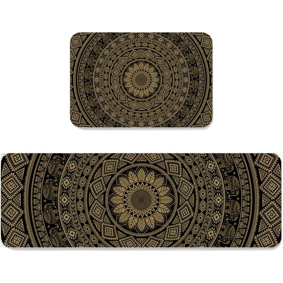 Elephant Mandala Kitchen Rugs Set 2 Piece 15.7x23.6in+15.7x47.2in, Non-Slip Kitchen Mats Set Rubber Backing Indoor Entry Door Mat Carpets - Boho Ethnic Retro Bohemian Flower Brown