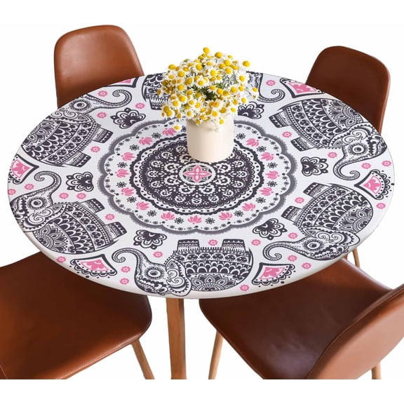 Elephant Mandala Round Tablecloths Elastic Edged African Indian Lotus Cute Animal Ethnic Tablecloths Washable Reusable for Kitchen Picnic Party 40-44 inch