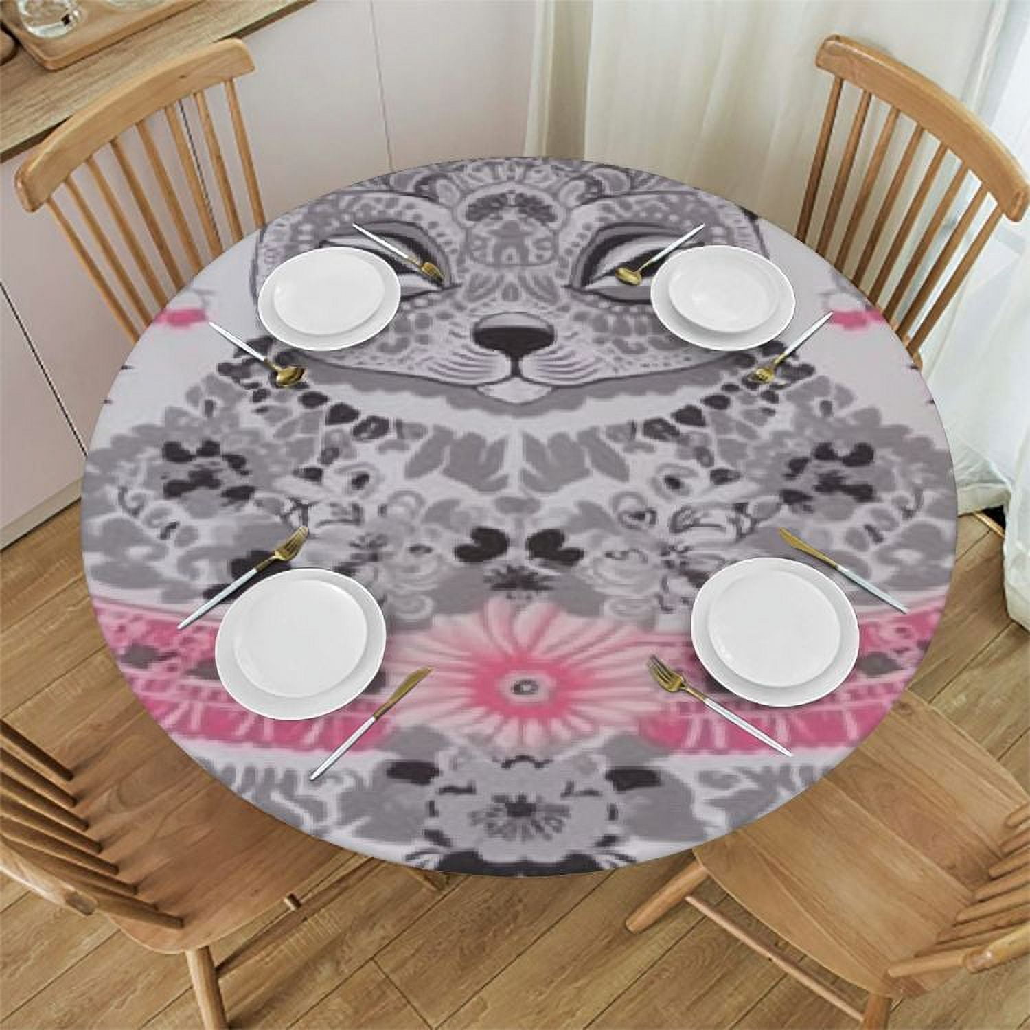 Elephant Mandala Round Tablecloths Elastic Edged African Indian Lotus Cute Animal Ethnic