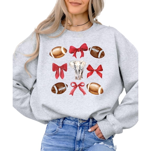 Elephant Mascot Sweatshirt for Women Teens & Girls Crimson Red Bows and Footballs Pullover Gray Sweatshirt Adult Small
