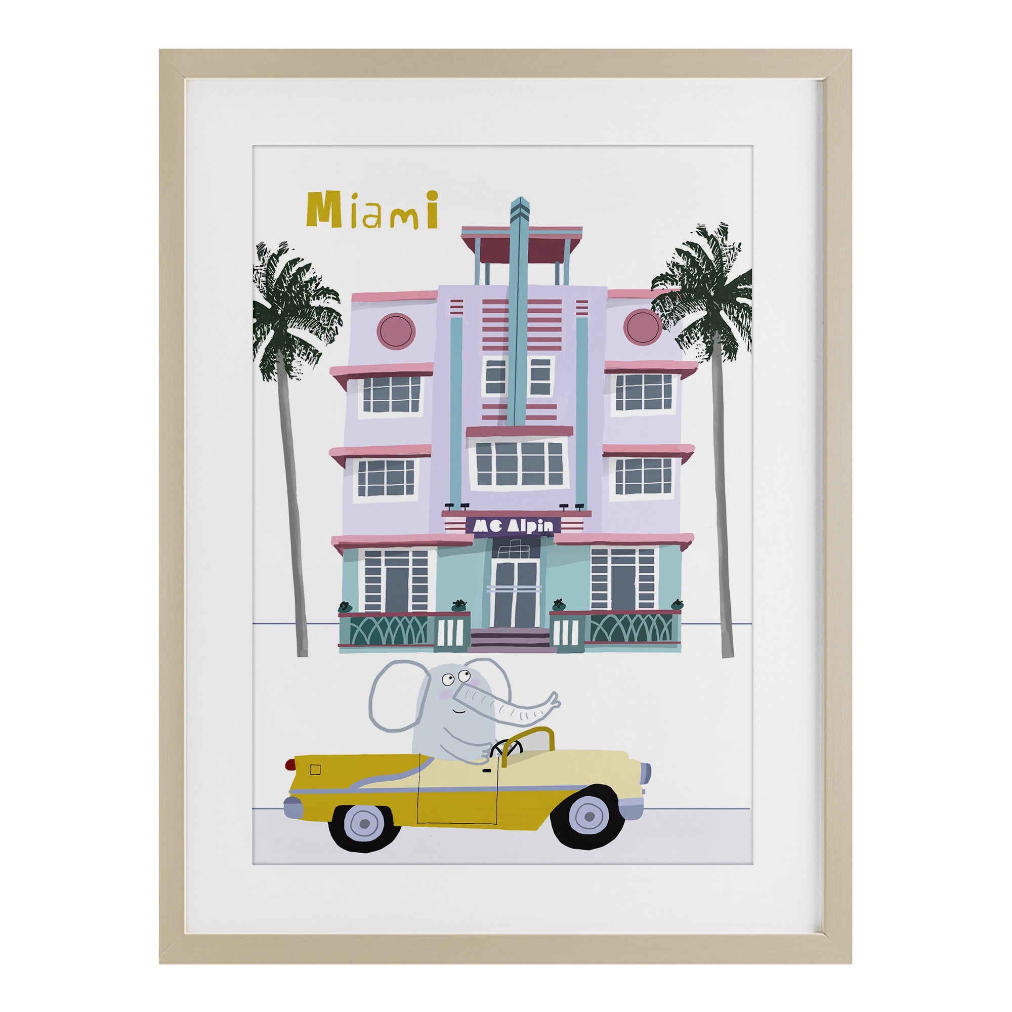 Elephant & Miami Hotel Birch Framed Print Under Glass, design by Carla Daly