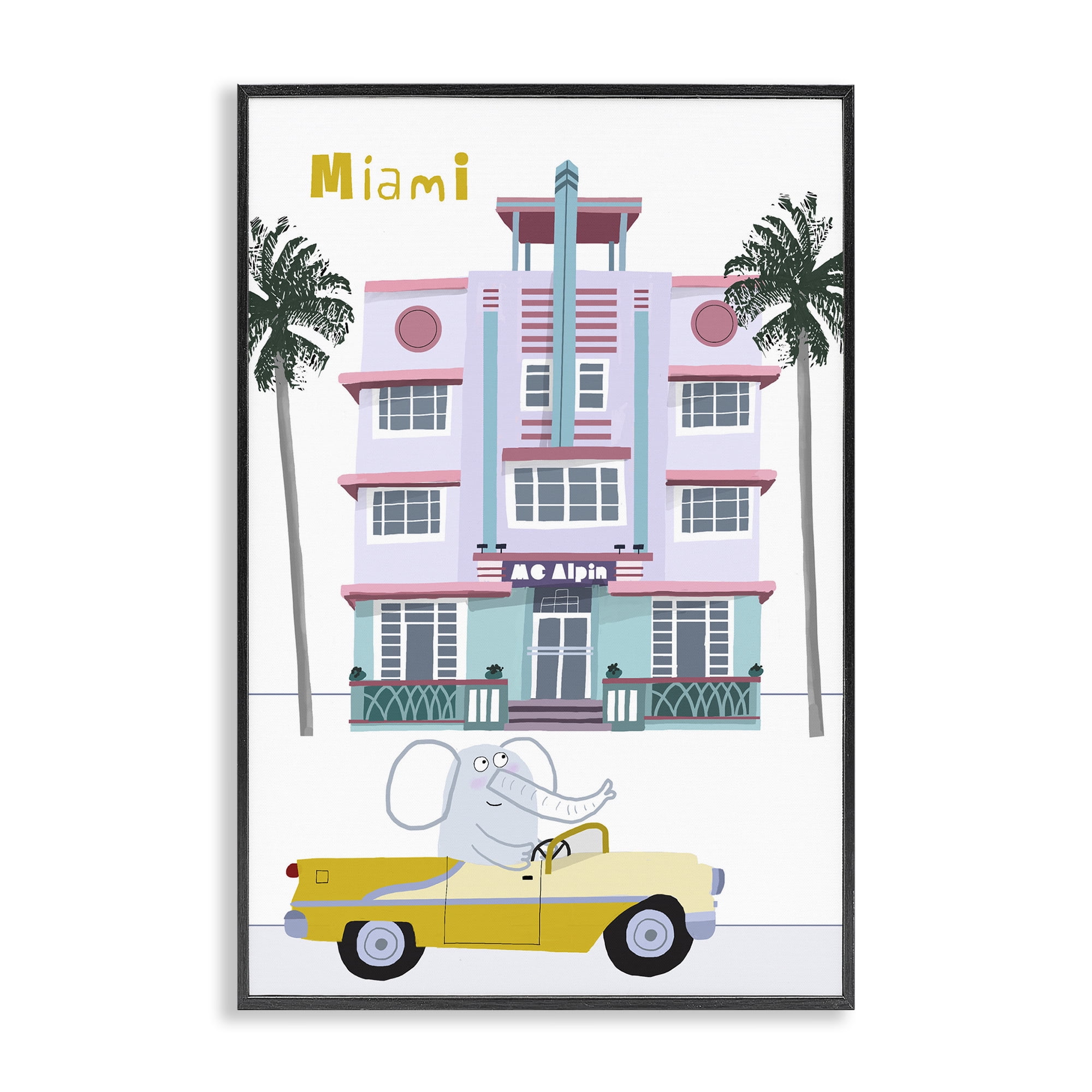 Elephant & Miami Hotel Black Framed Giclee Art, design by Carla Daly