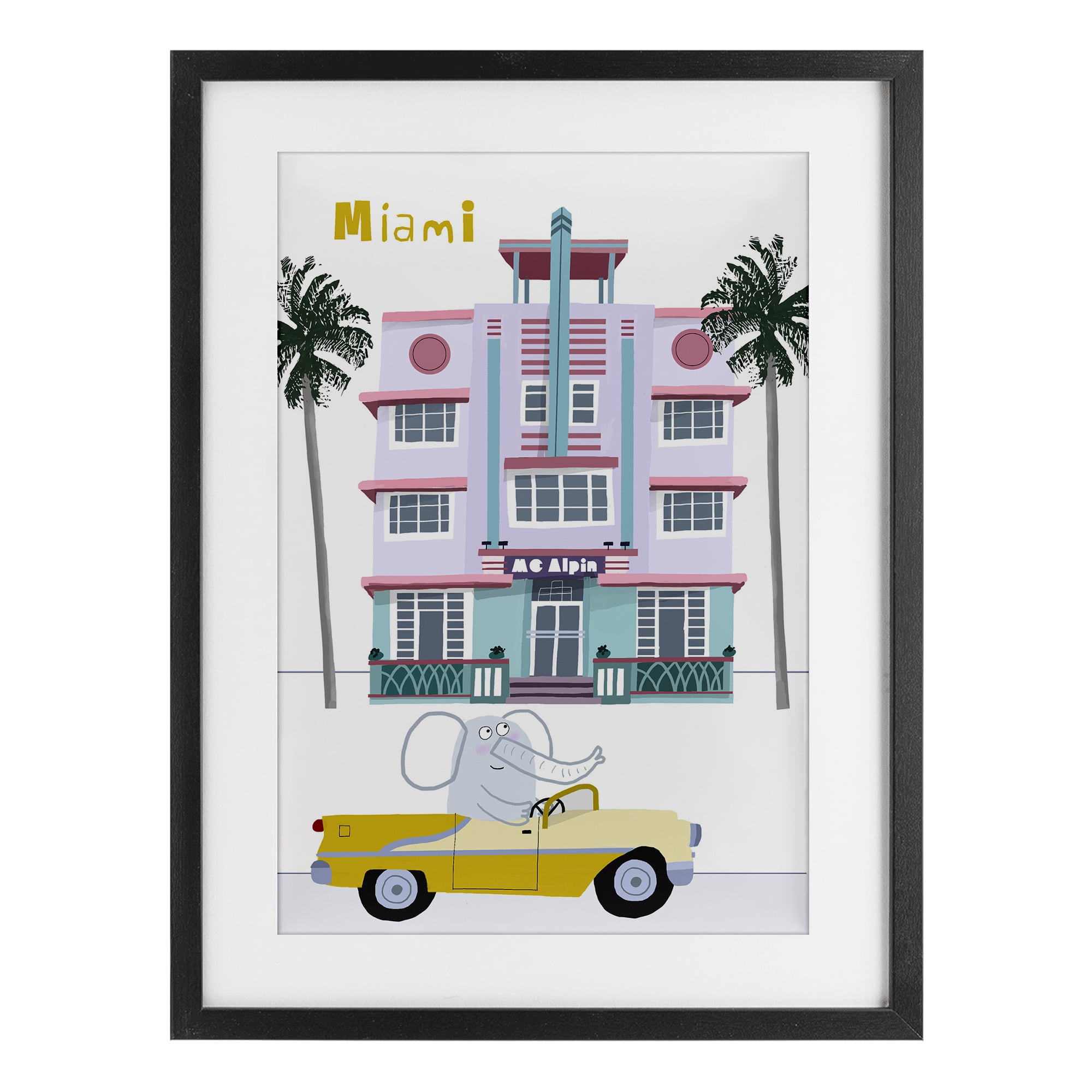 Elephant & Miami Hotel Black Framed Print Under Glass, design by Carla Daly