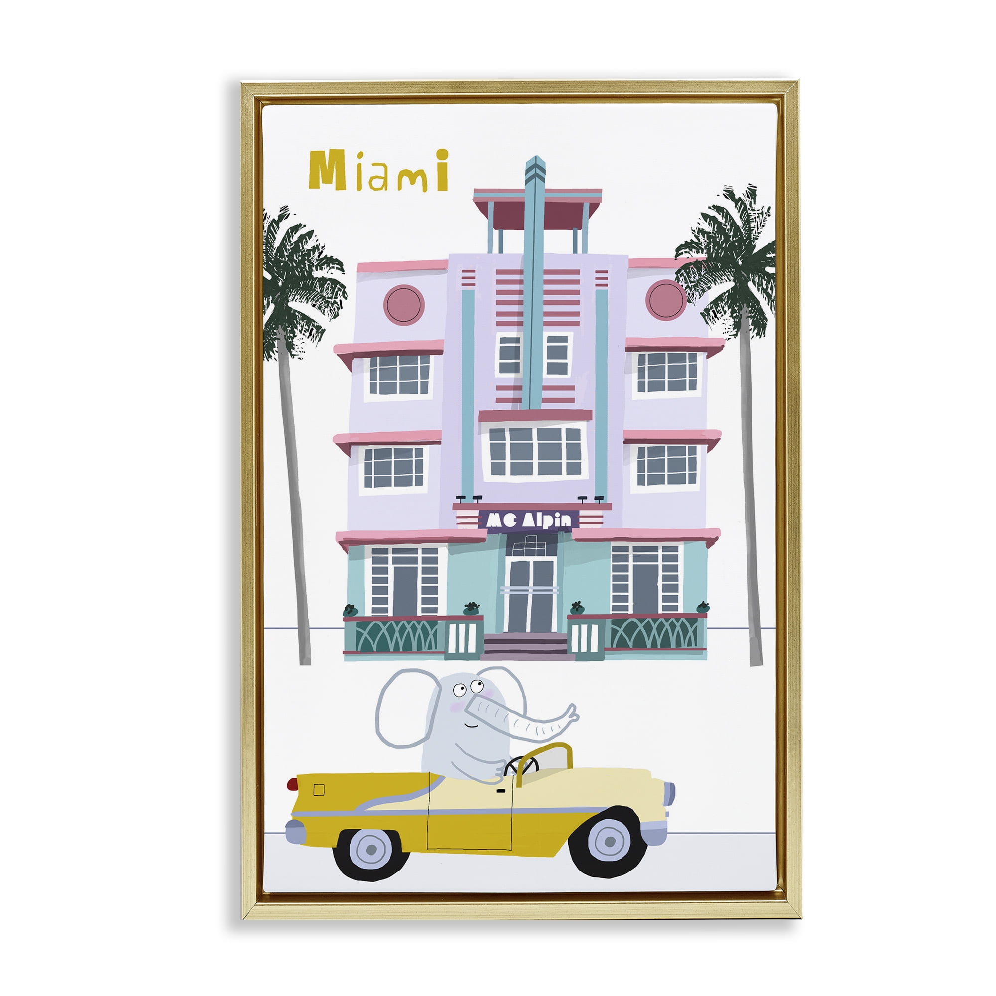 Elephant & Miami Hotel Gold Framed Floater Canvas Wall Art, design by Carla Daly