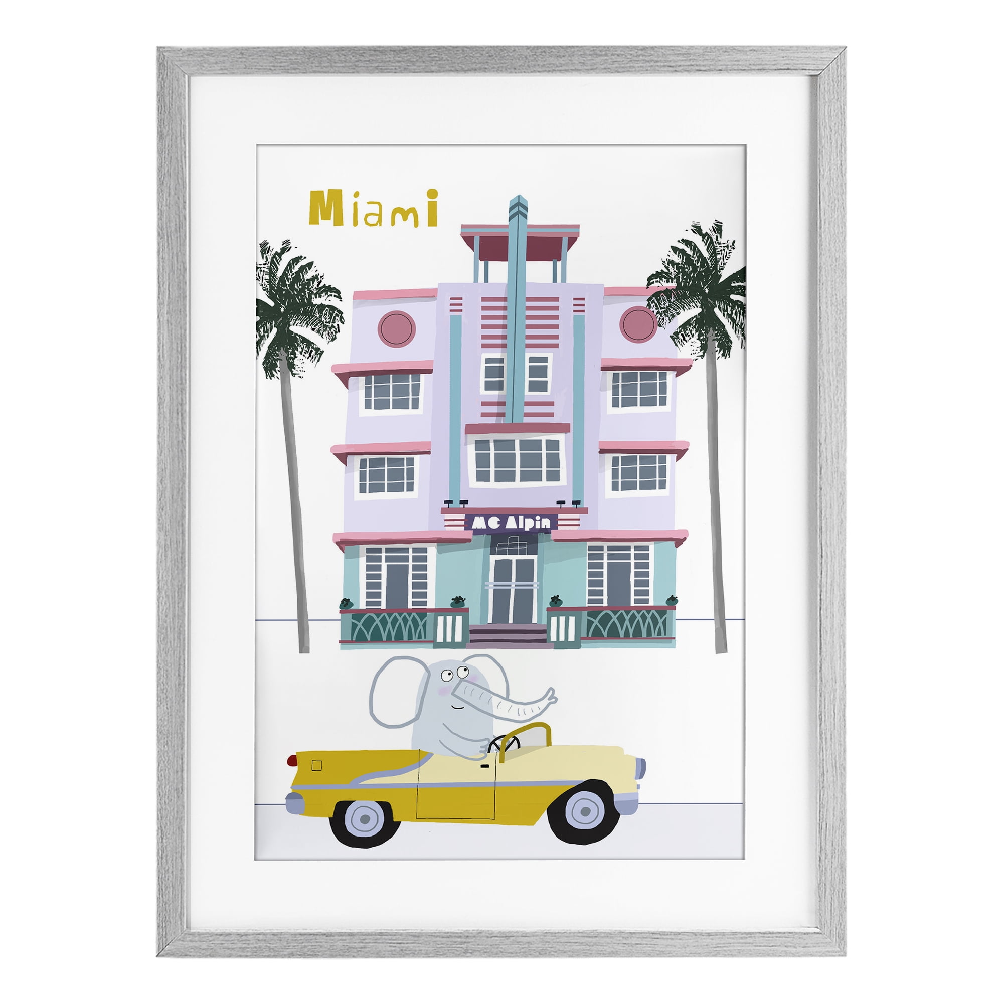 Elephant & Miami Hotel Gray Framed Print Under Glass, design by Carla Daly