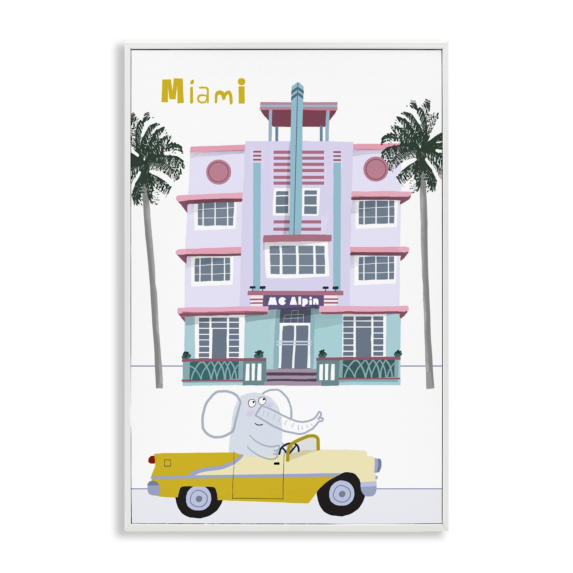 Elephant & Miami Hotel White Framed Giclee Art, design by Carla Daly