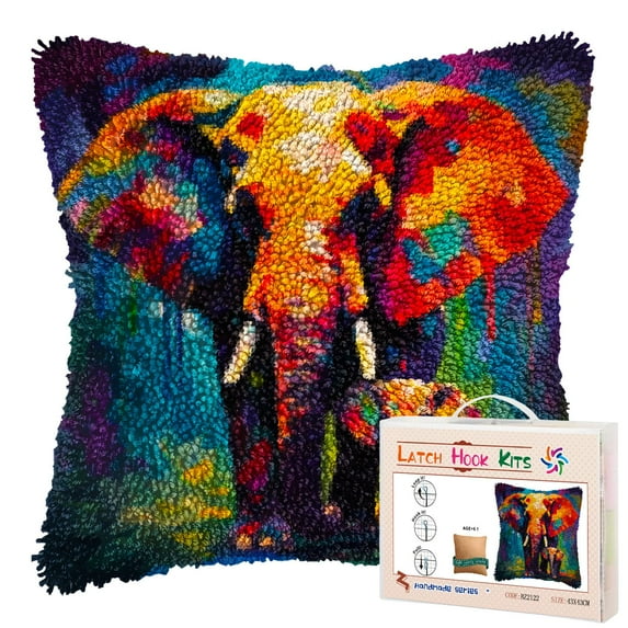 Elephant Mom and Little Elephant DIY Latch Hook Pillow Kits for Adults Printed Pillowcase Crochet Yarns Hooking Handmade Pillow Cover Cushion for Home Sofa Decoration 17x17inch