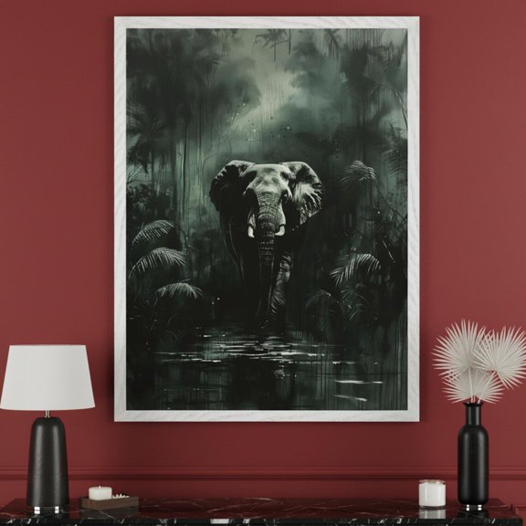 Elephant Moody Jungle Atmosphere Wall Art Dark Forest Monochrome Nature Decor, Unframed Paper Poster 8x10in