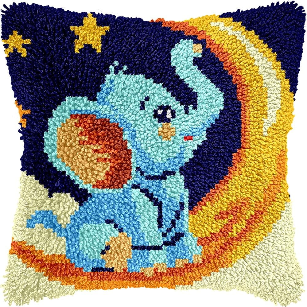 Elephant on Moon Latch Hook Kits Pillow DIY Pillowcase Crochet Hook Cushion Making Kits with Preprinted Pattern Canvas Instruction Yarns Pillow Cover Easy Starter DIY Crochet Kits 43x43cm（L29)