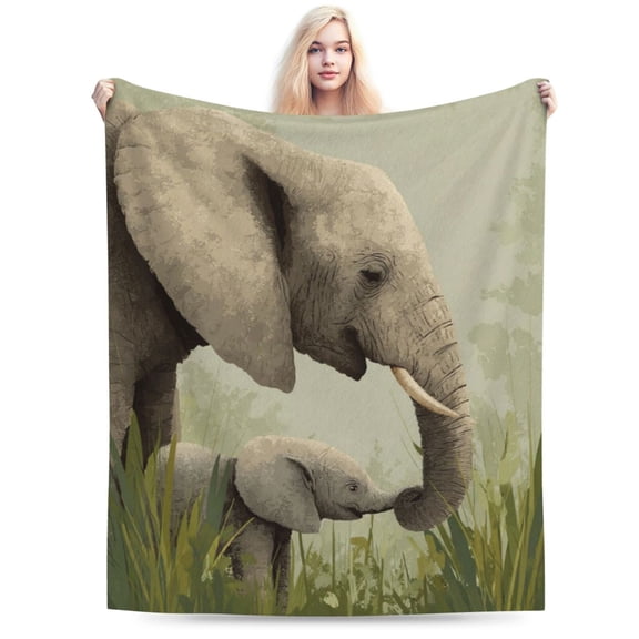 Elephant Motherhood Wildlife Throw Blanket, Heartwarming Mother & Calf Soft Flannel Fleece Art 50x40