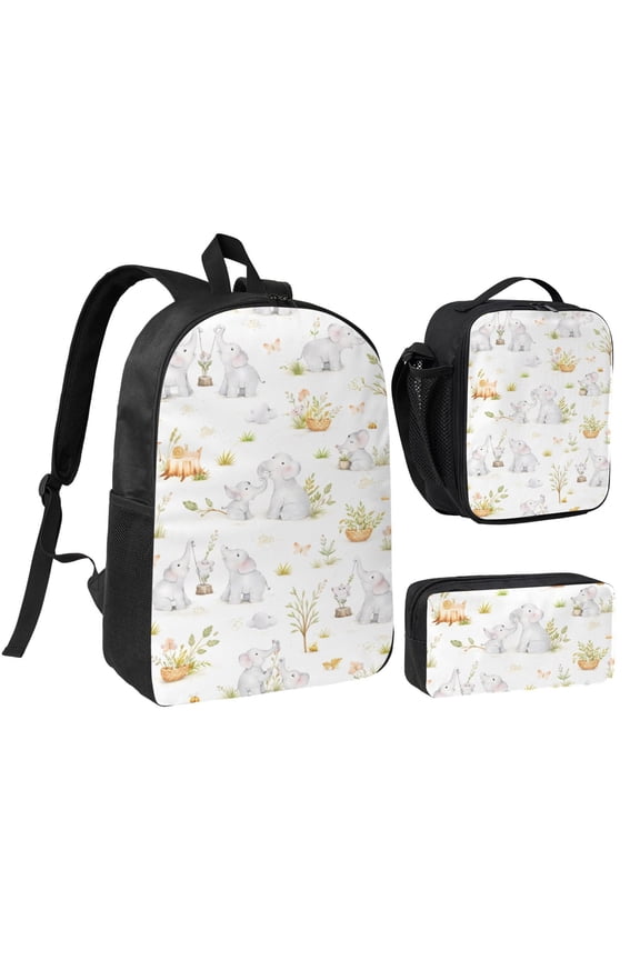 Elephant Motif Backpack Set 3pc ，Backpack with Lunch Bag and Bag 17 Inch